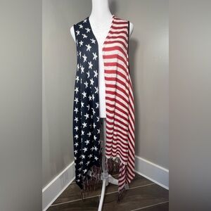 Unity 1X open cardigan American flag theme fringed knit sleeves vest